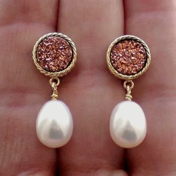 Vintage Italy Designer 14K Gold Goldstone Druzy Pearl Dangle Pierced EARRINGS